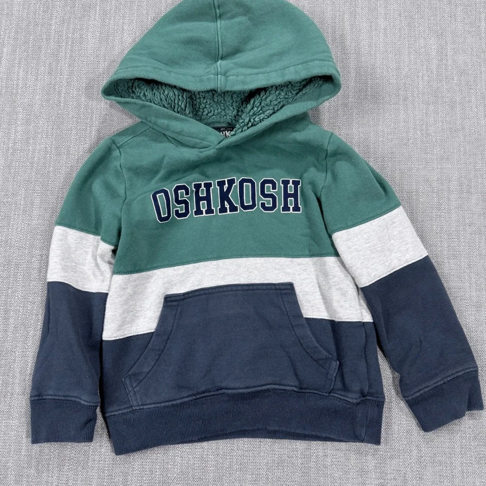 OshKosh B'gosh Boys Green Grey Navy Colorblock‎ Sherpa Lined Hoodie Size 5
